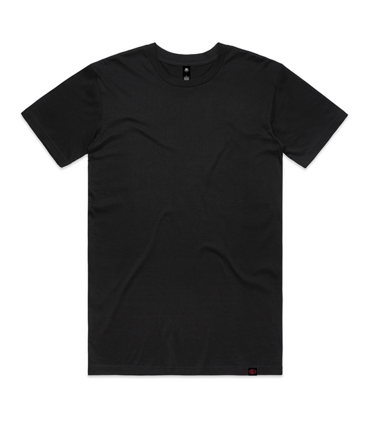 A black short-sleeve crewneck t-shirt laid flat against a solid white background, featuring a small red tag on the bottom hem.
