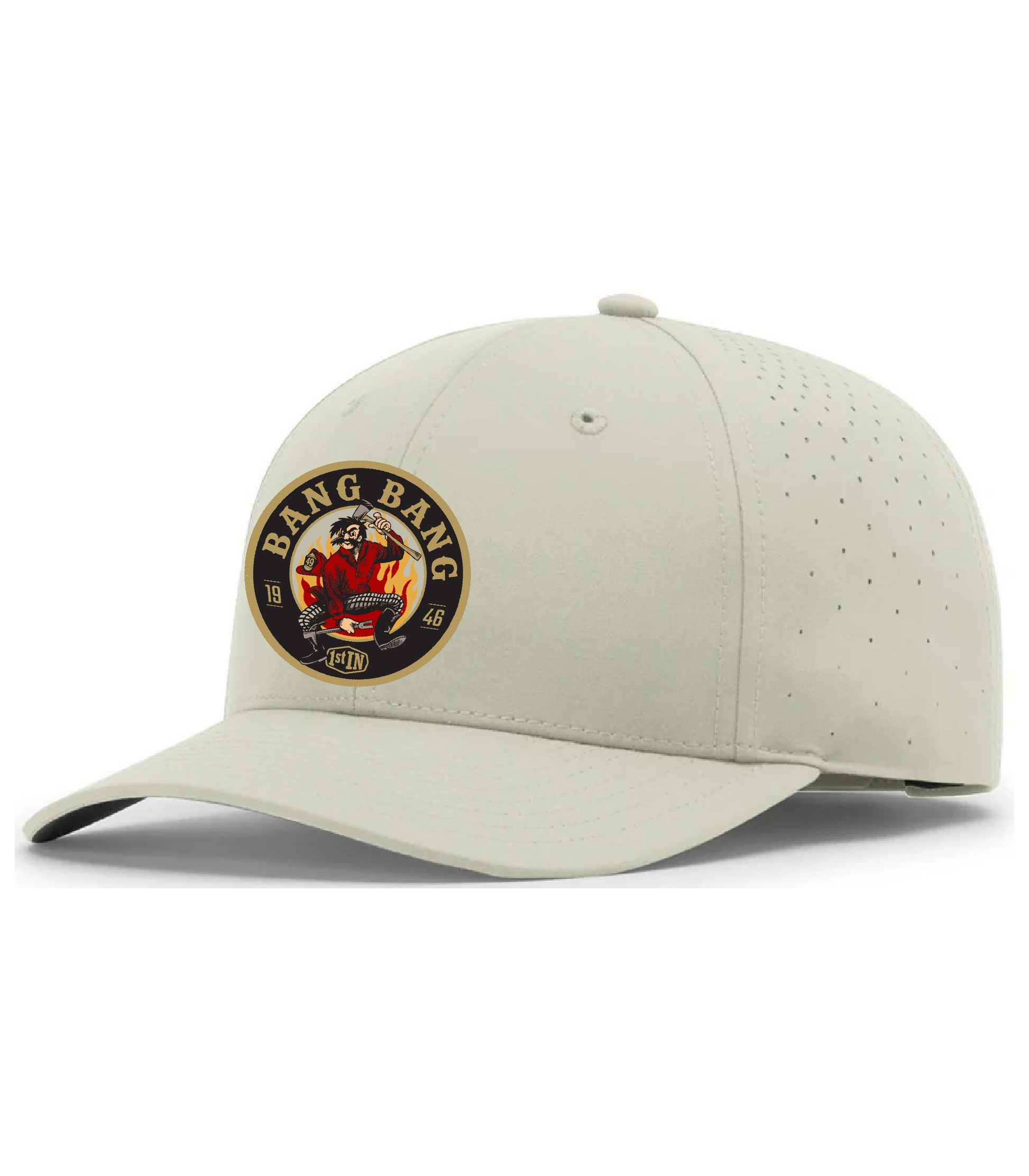 A light beige structured baseball cap with a curved brim, featuring a circular 'Bang Bang' woven patch on the front with a cartoon character holding fire fighters tools.