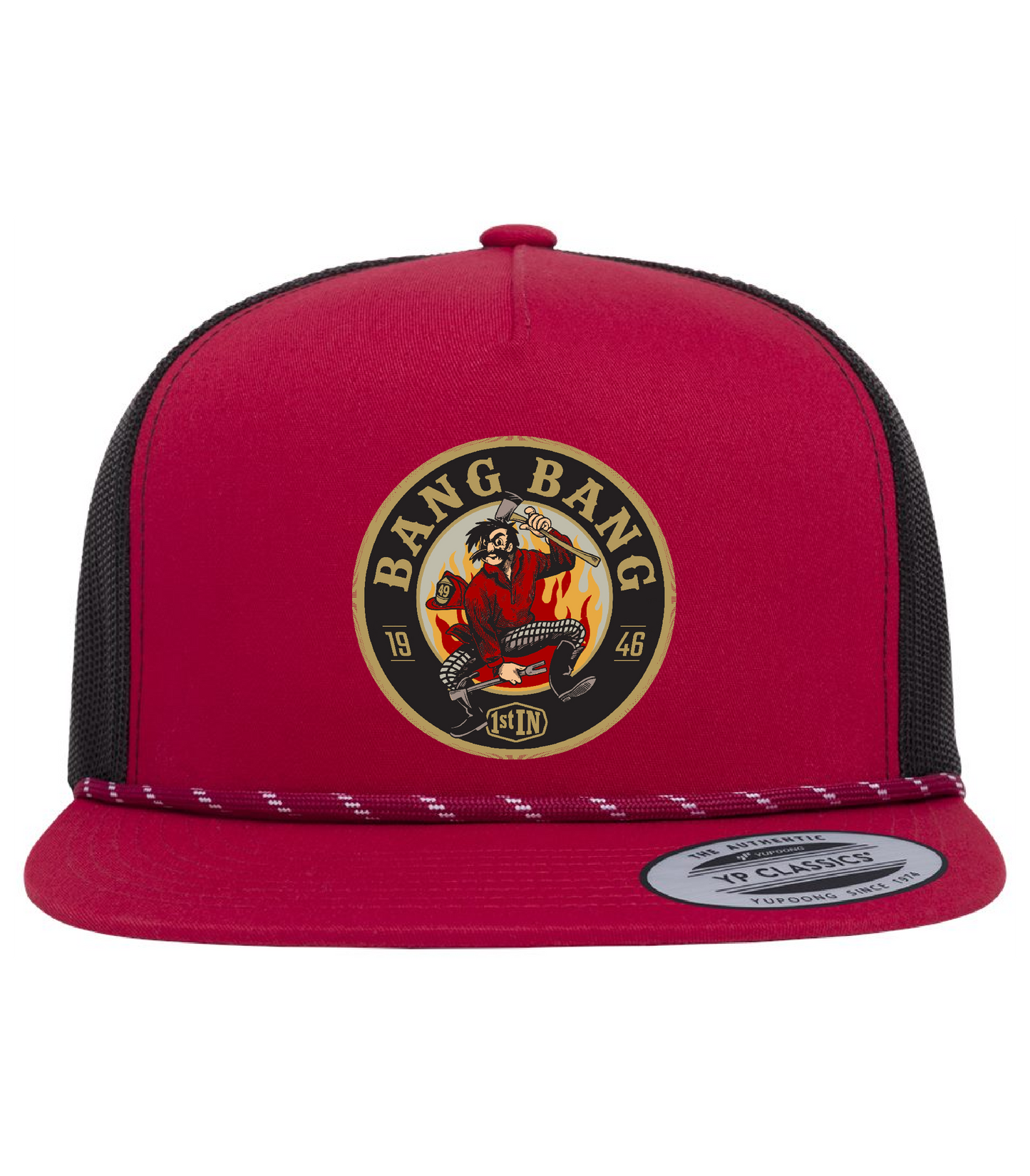 A red and black trucker hat featuring a circular 'Bang Bang' woven patch with a circular embroidered cartoon character holding fire fighter tools on the front panel.