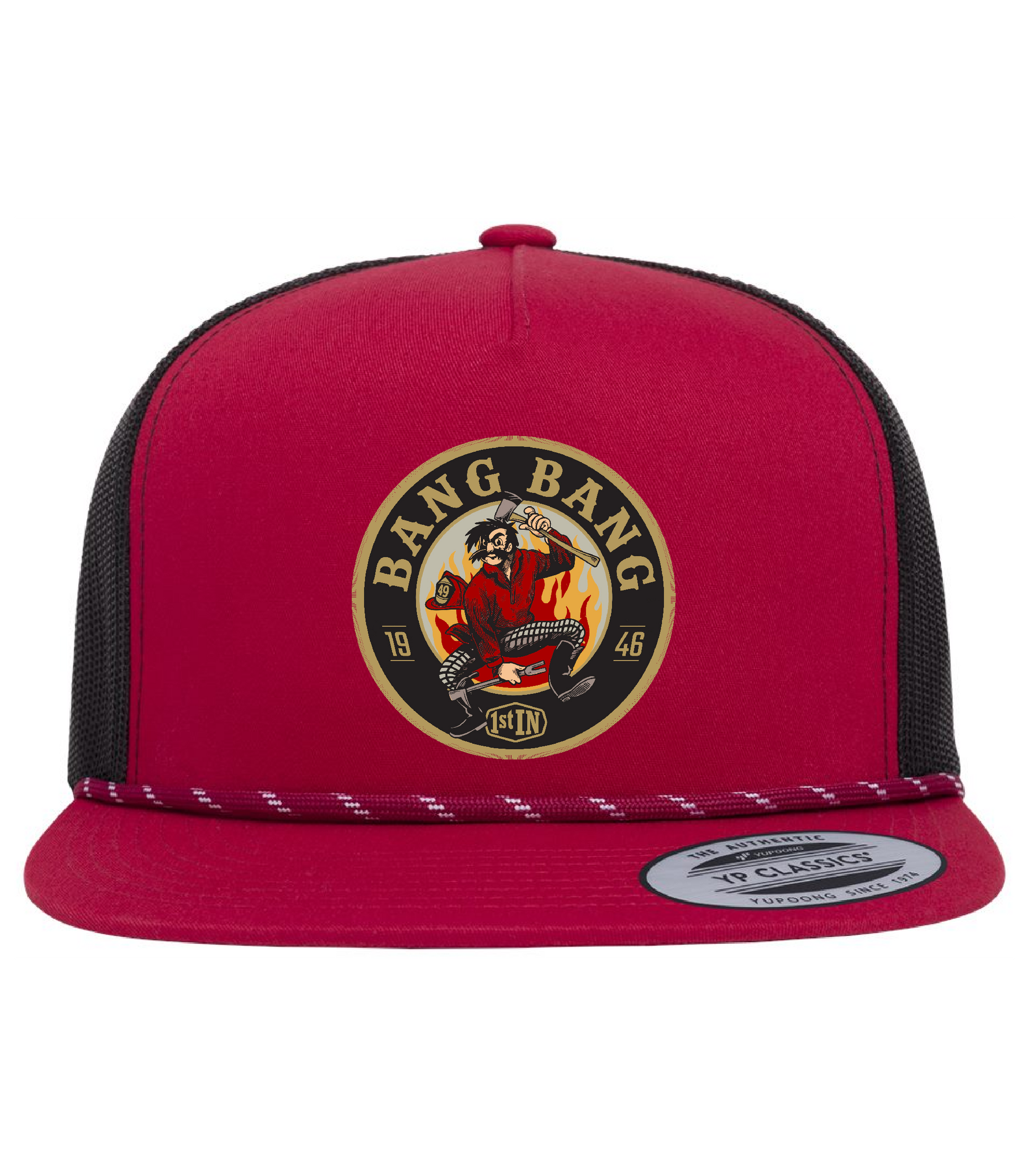 A red and black trucker hat featuring a circular 'Bang Bang' woven patch with a circular embroidered cartoon character holding fire fighter tools on the front panel.
