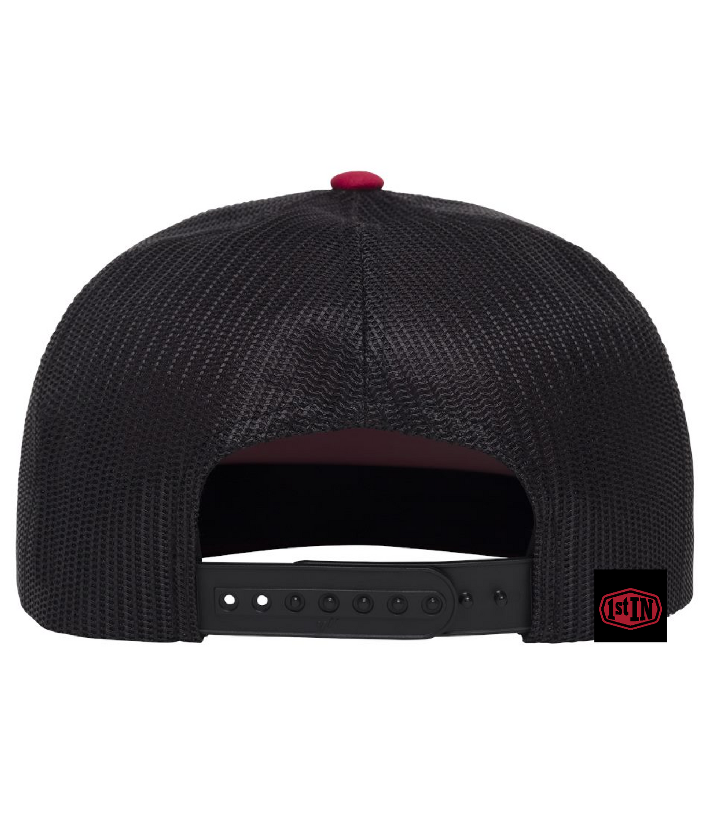 Black mesh back snapback cap shown from the rear, featuring a black adjustable strap and a small red button on top, with a red and black 1st IN logo patch on the right side.