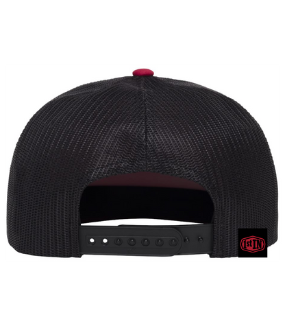 Black mesh back snapback cap shown from the rear, featuring a black adjustable strap and a small red button on top, with a red and black 1st IN logo patch on the right side.