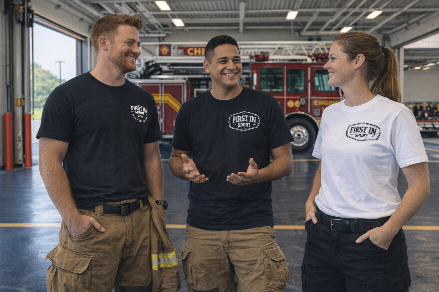 Three firefighters wearing First In Sport shirts.
