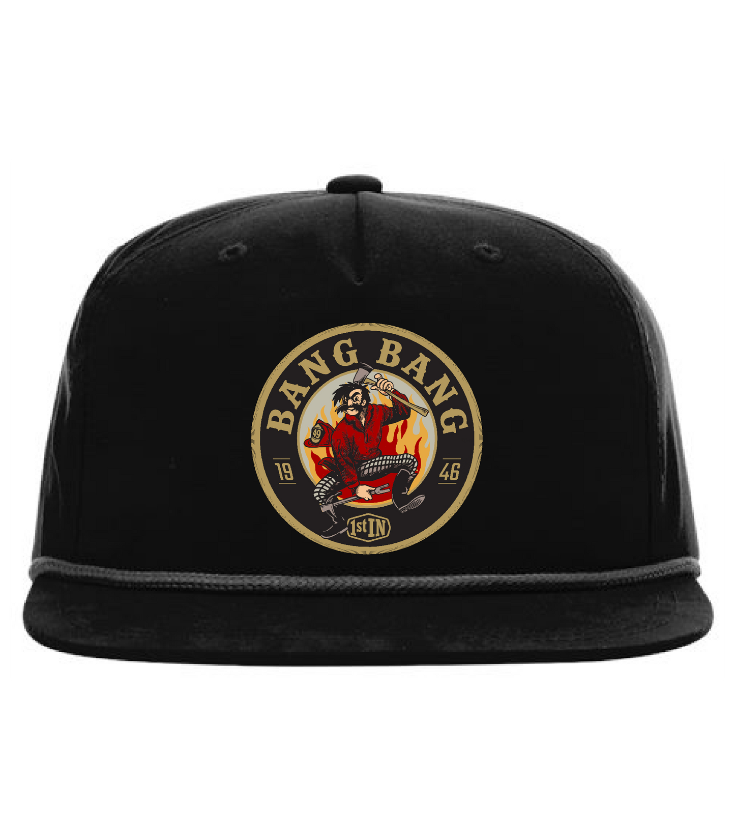 A black flat-brim baseball cap featuring a circular woven embroidered patch on the front with text that says 'BANG BANG' and a graphic of a cartoon character holding fire fighter tools.