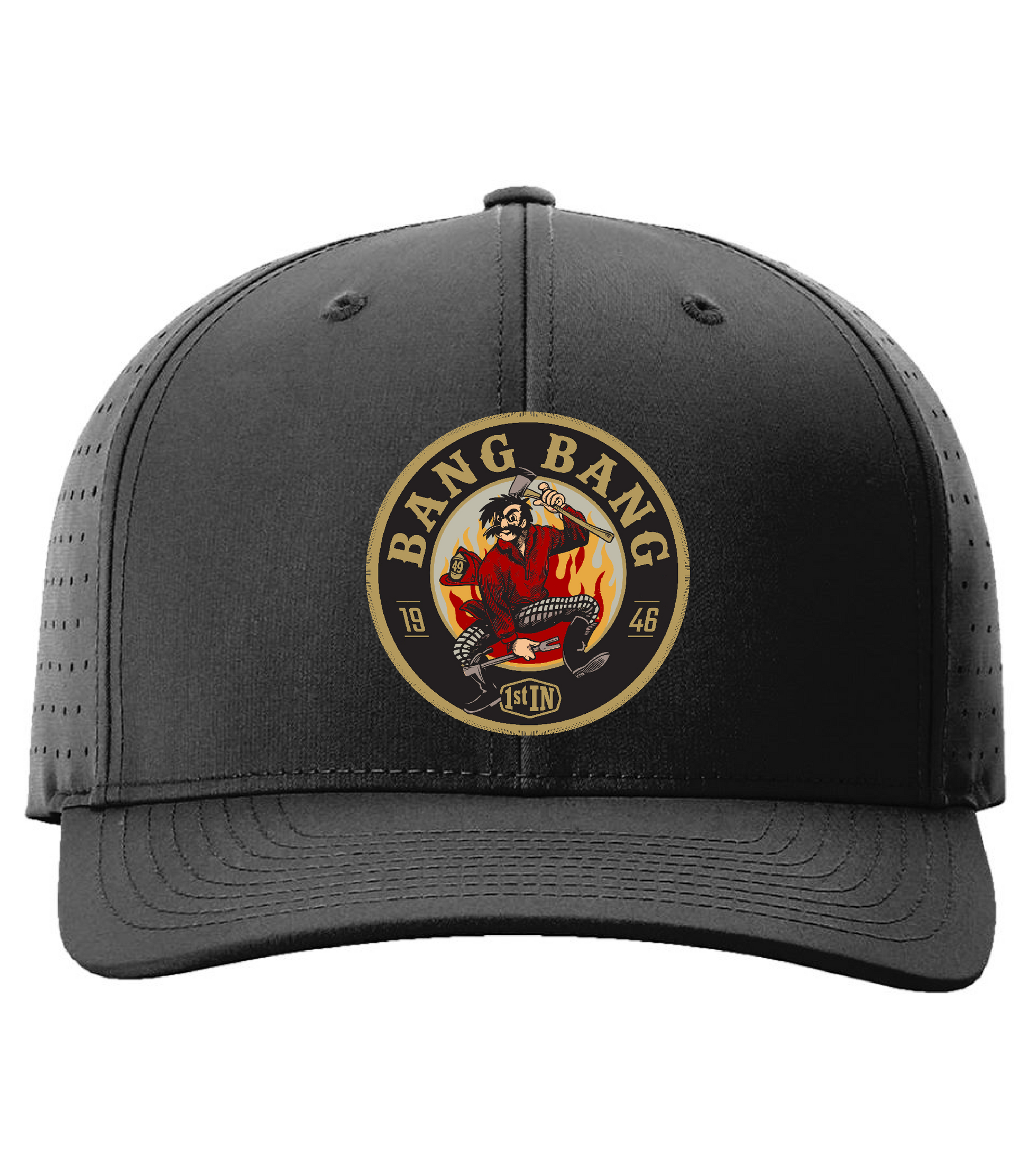 A black structured baseball cap with perforated side panels and a curved brim, featuring a circular woven embroidered front patch with the text 'BANG BANG' and a cartoon character with fire fighter tools.