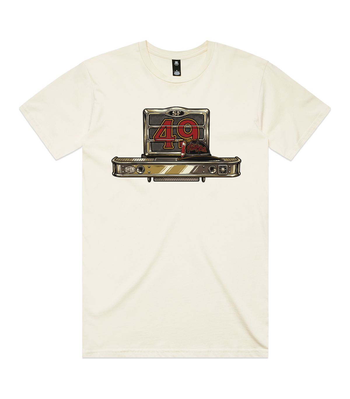An off-white crewneck t-shirt featuring a graphic print of a vintage car bumper, with a red '49' 
