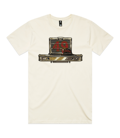An off-white crewneck t-shirt featuring a graphic print of a vintage car bumper, with a red '49' 