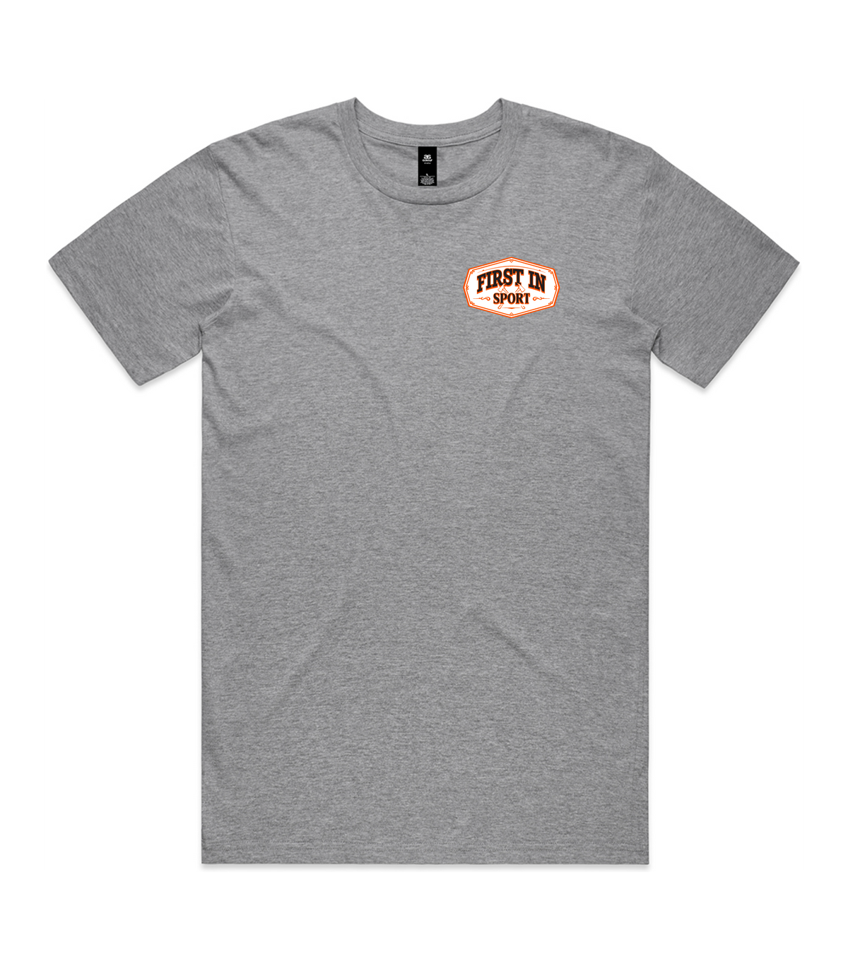 A heather gray short-sleeve crewneck t-shirt with a small oval chest graphic that reads 'FIRST IN SPORT' in orange and black, displayed flat against a white background.