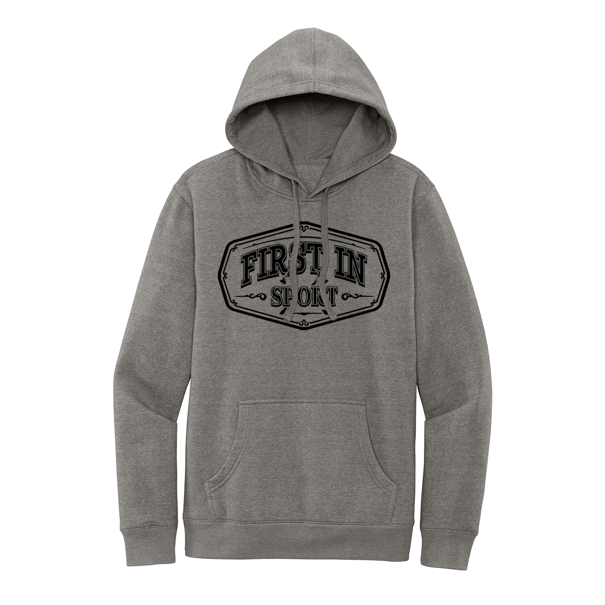 Gray hoodie with 'First In Sport' Frontline logo 