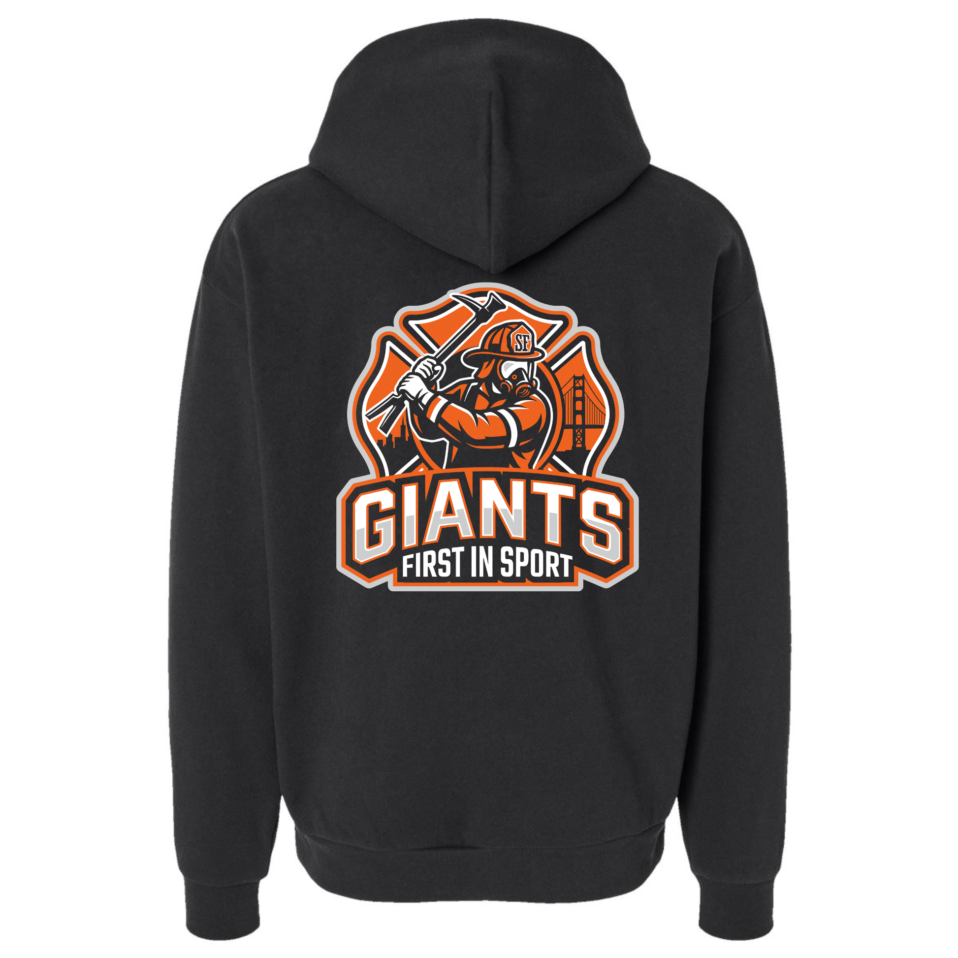 Black hoodie with 'Giants First in Sport' logo of firefighter swinging an ax on the back