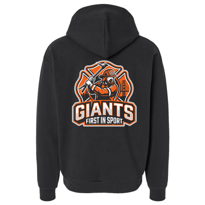 Black hoodie with 'Giants First in Sport' logo of firefighter swinging an ax on the back