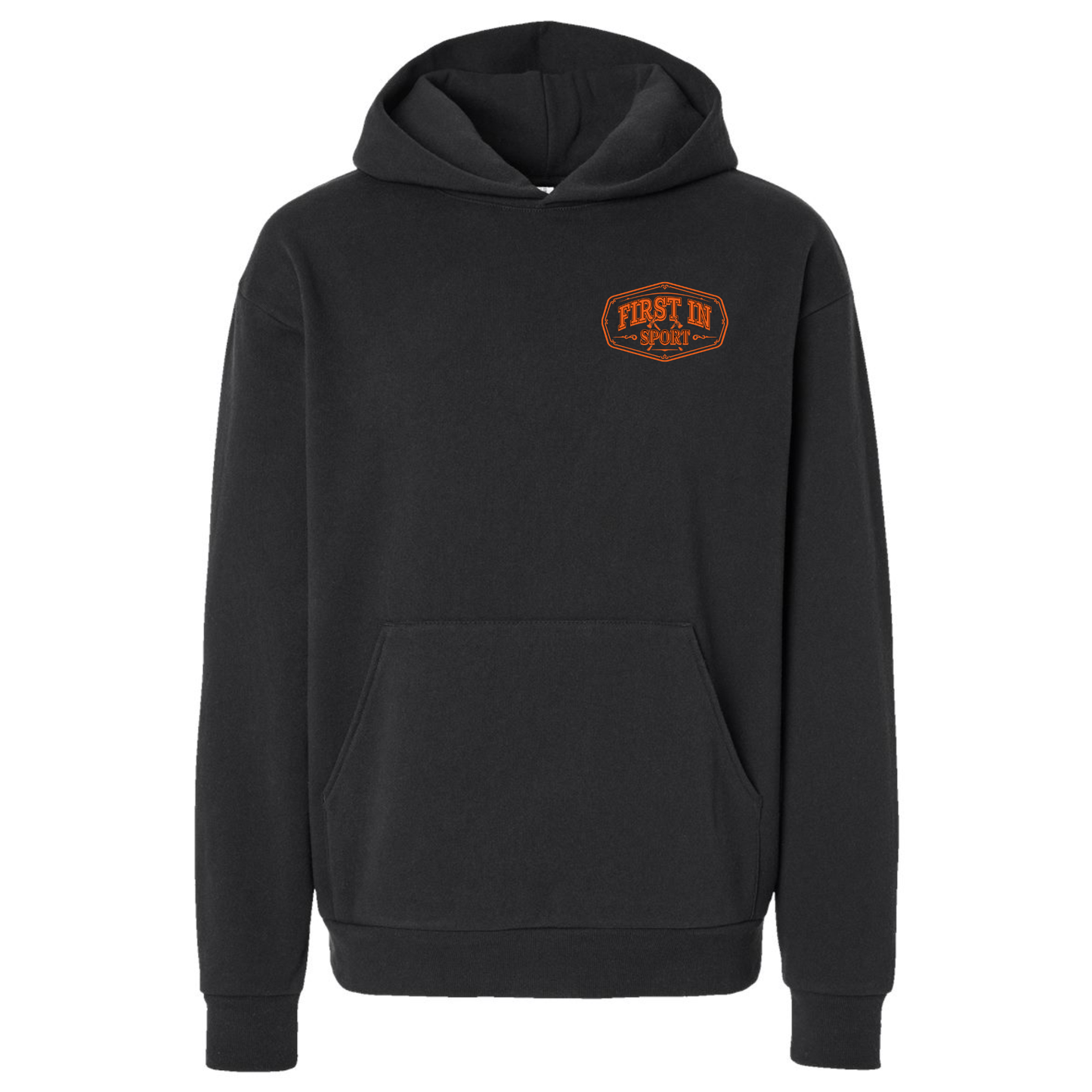 Black hoodie with First In Sport logo on the chest printed in red