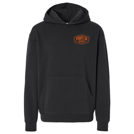 Black hoodie with First In Sport logo on the chest printed in red