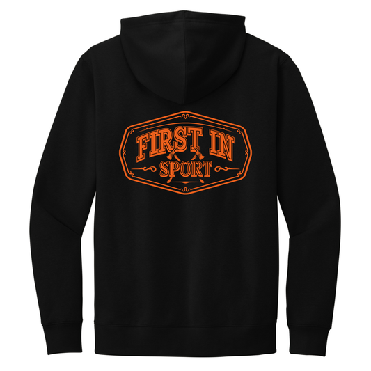 Black hoodie with 'First In Sport' Frontline logo in orange on the back 