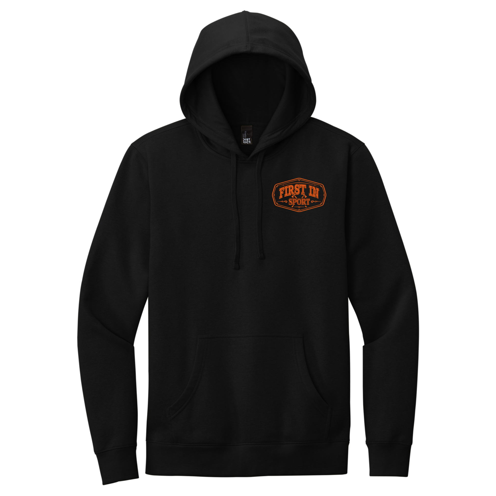 Black hoodie with 'First In Sport' Frontline logo in orange on the chest