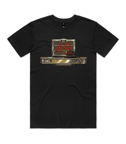 A black short-sleeve crewneck t-shirt featuring a graphic print of a vintage-style bumper with the number 49 in red