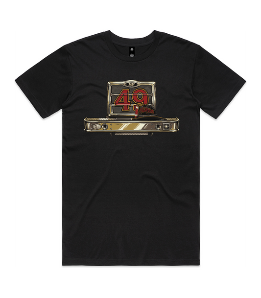 A black short-sleeve crewneck t-shirt featuring a graphic print of a vintage-style bumper with the number 49 in red