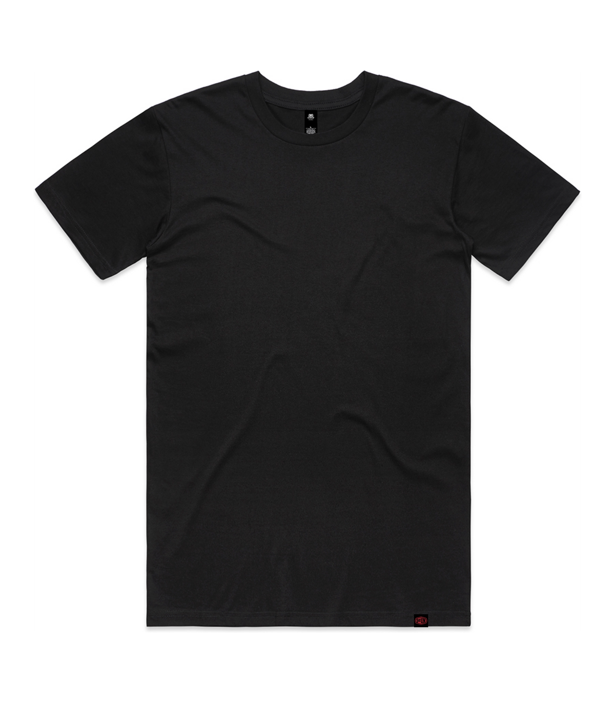 A black short-sleeve crewneck t-shirt laid flat against a solid white background, featuring a small red tag on the bottom hem.