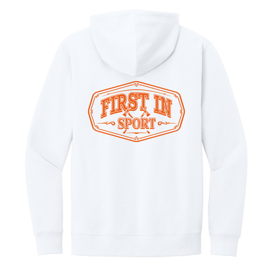 White hoodie with 'First In Sport' Frontline logo in orange on the back