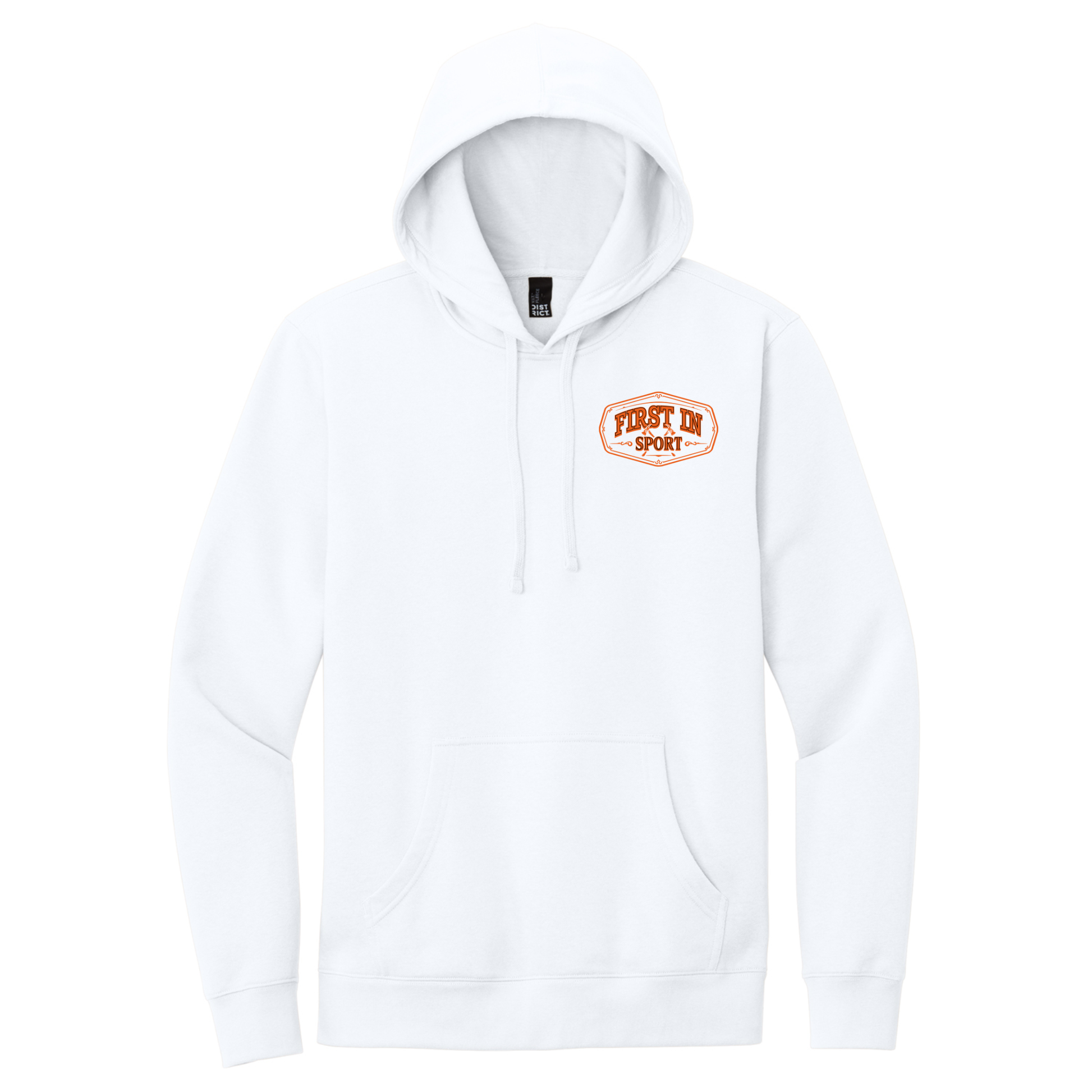White hoodie with 'First In Sport' Frontline logo in orange on the chest