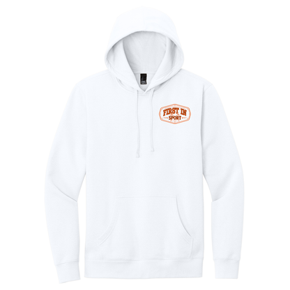 White hoodie with 'First In Sport' Frontline logo in orange on the chest